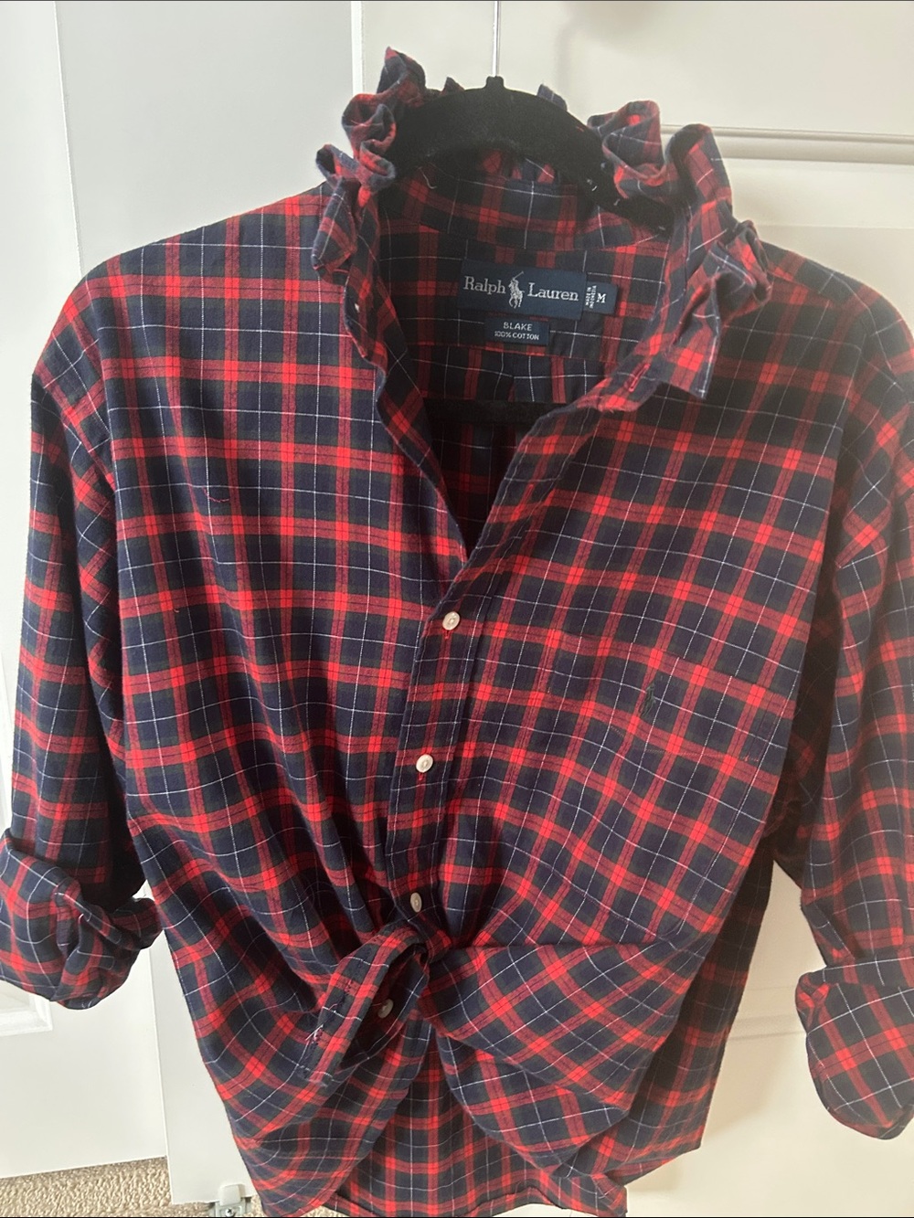 Ralph Lauren Red & Navy Plaid Shirt recreated for a woman with a ruffled collar